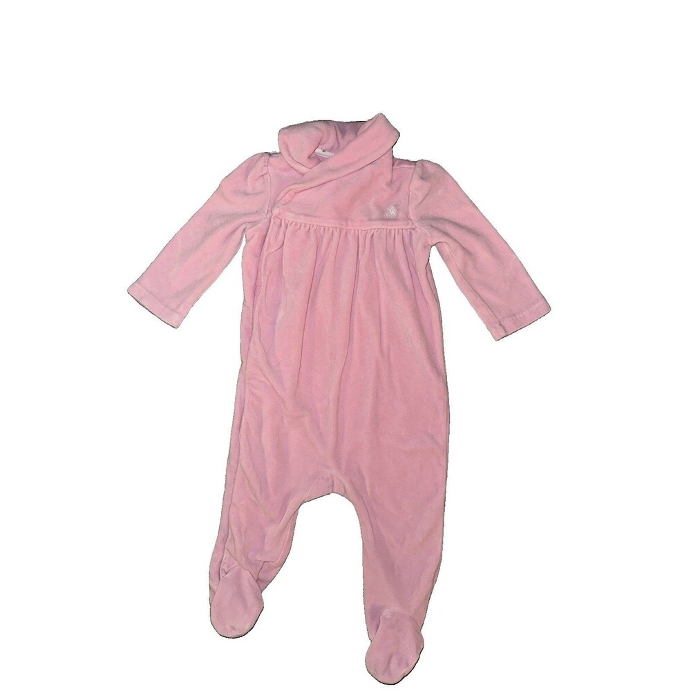 Ralph Lauren One Piece Baby Girl 3M Pink Velour Footed Collar Bow Outfit Romper
